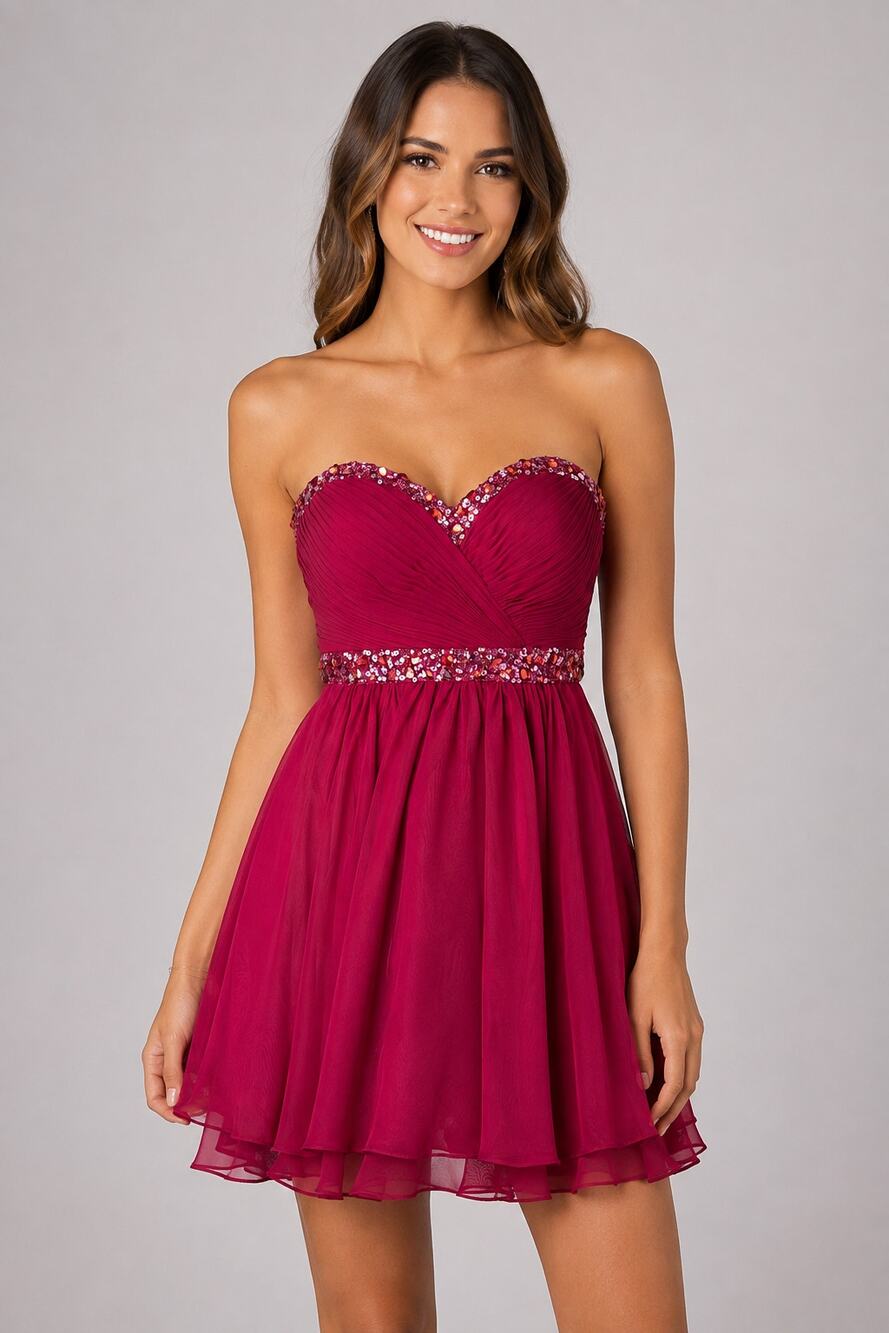 La Femme Sequin Strapless Sweetheart Prom Formal Mini Dress Berry Womens Size 8
